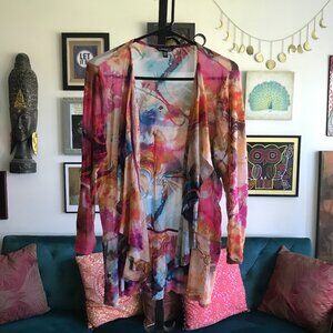 CONRAD C Collection size M Purple Pink Orange Print Stretch Mesh Open Cardigan